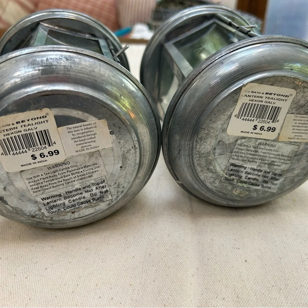 Two Vintage Galvanized hexagon Tea lights, handcrafted in India, hang or stand.